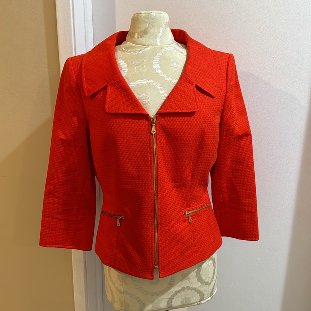 Tahari Bright Orange Textured Goldtone Zip Pockets Lined Blazer Jacket 8
